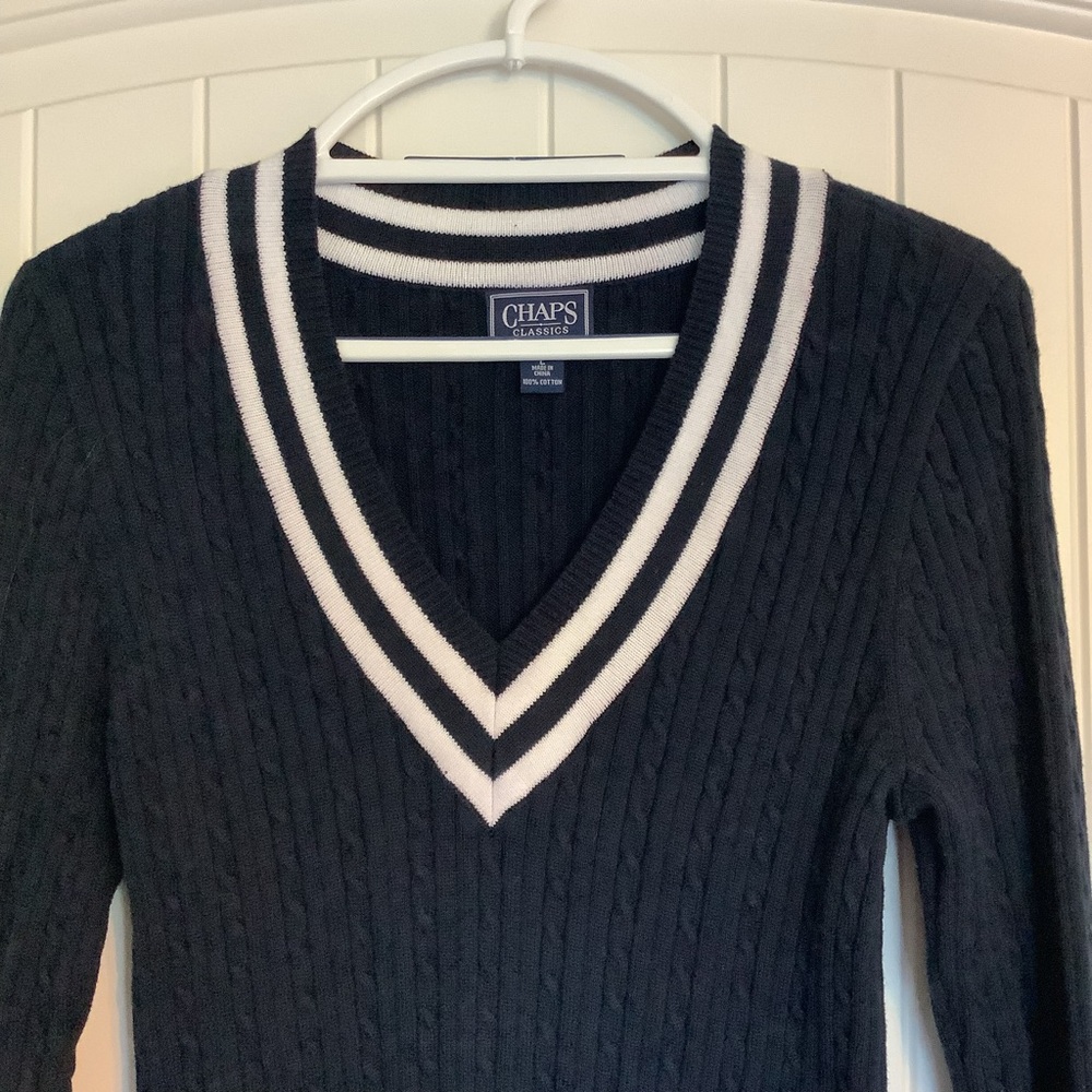Chaps Navy‎ and White V-Neck Sweater for Women - Picture 2 of 5
